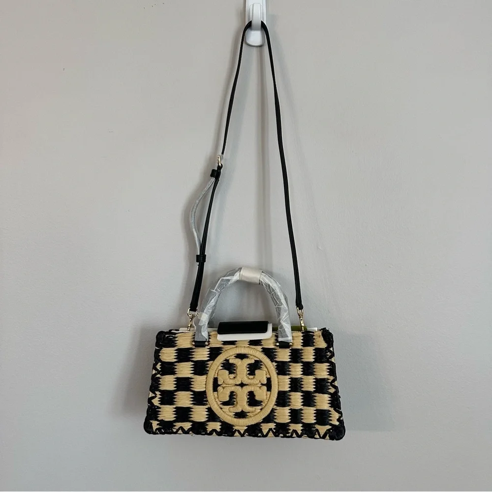 Tory Burch Ella Hand-Crocheted Checkered E/W Top Handle Black/Natural Purse NWT